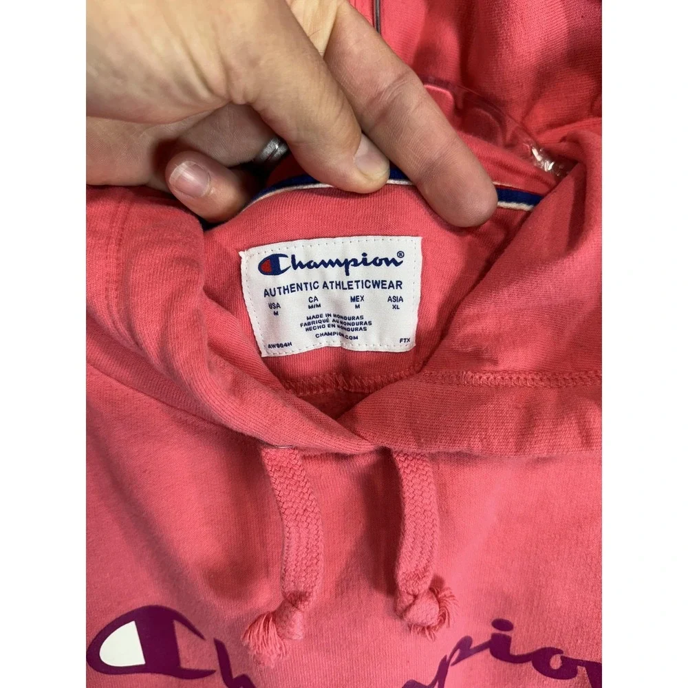 Champion Hoodie Mens Medium Pink Pullover Authentic Athleticwear Spell Out Logo